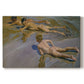 Canvas art print portraying young boys running and playing along shoreline in sunlight, set against a white background