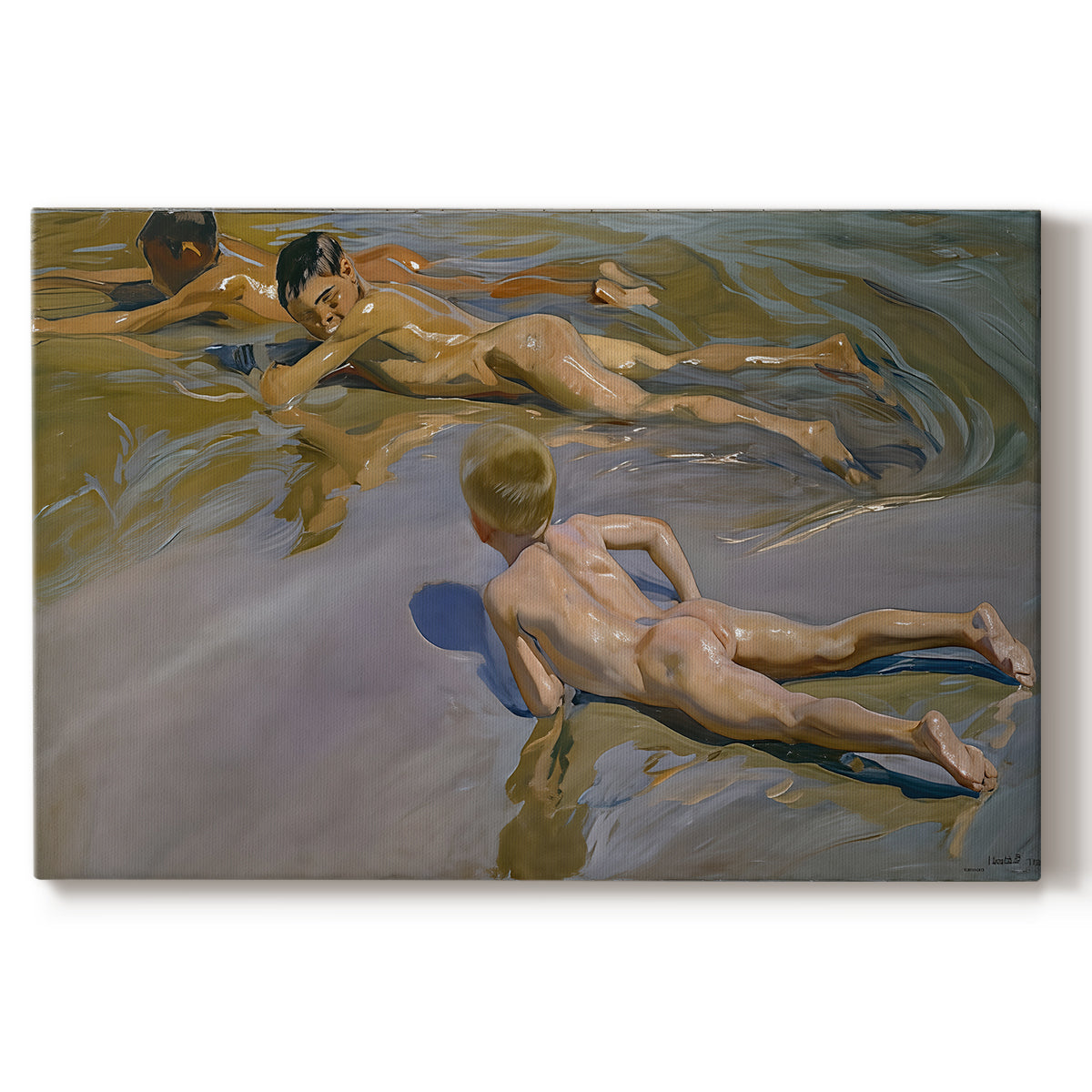 Canvas art print portraying young boys running and playing along shoreline in sunlight, set against a white background