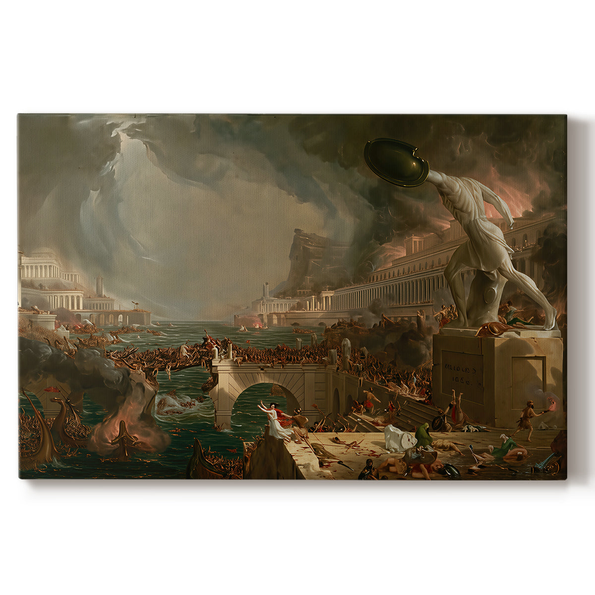 Canvas art print portraying a city in chaos with burning buildings and collapsing structures during attack, set against a white background