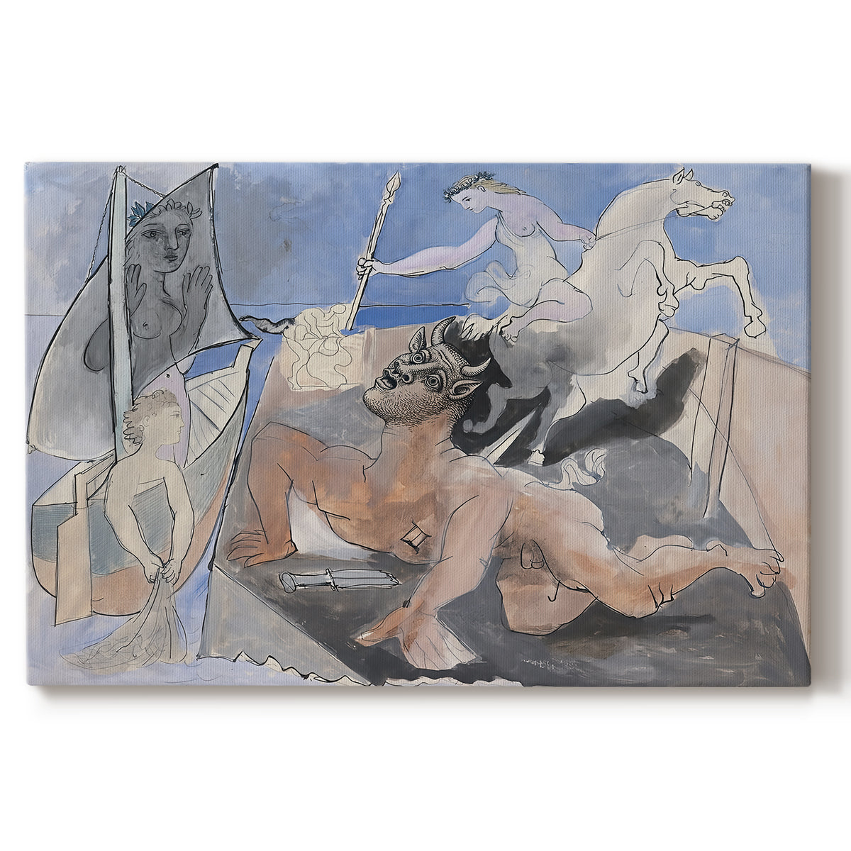 Canvas art print portraying a mythological minotaur in surreal sketch composition, set against a white background