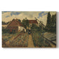 Canvas art print portraying a flower garden with plants and building in structured outdoor setting, set against a white background