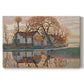 Canvas art print portraying a farmhouse in simplified landscape with bold outlines, set against a white background