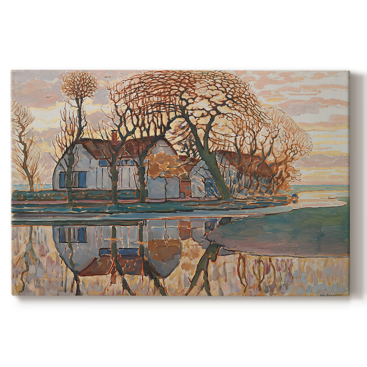 Canvas art print portraying a farmhouse in simplified landscape with bold outlines, set against a white background