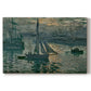 Canvas art print portraying a hazy sunrise over harbor with boats silhouetted in soft morning light, set against a white background