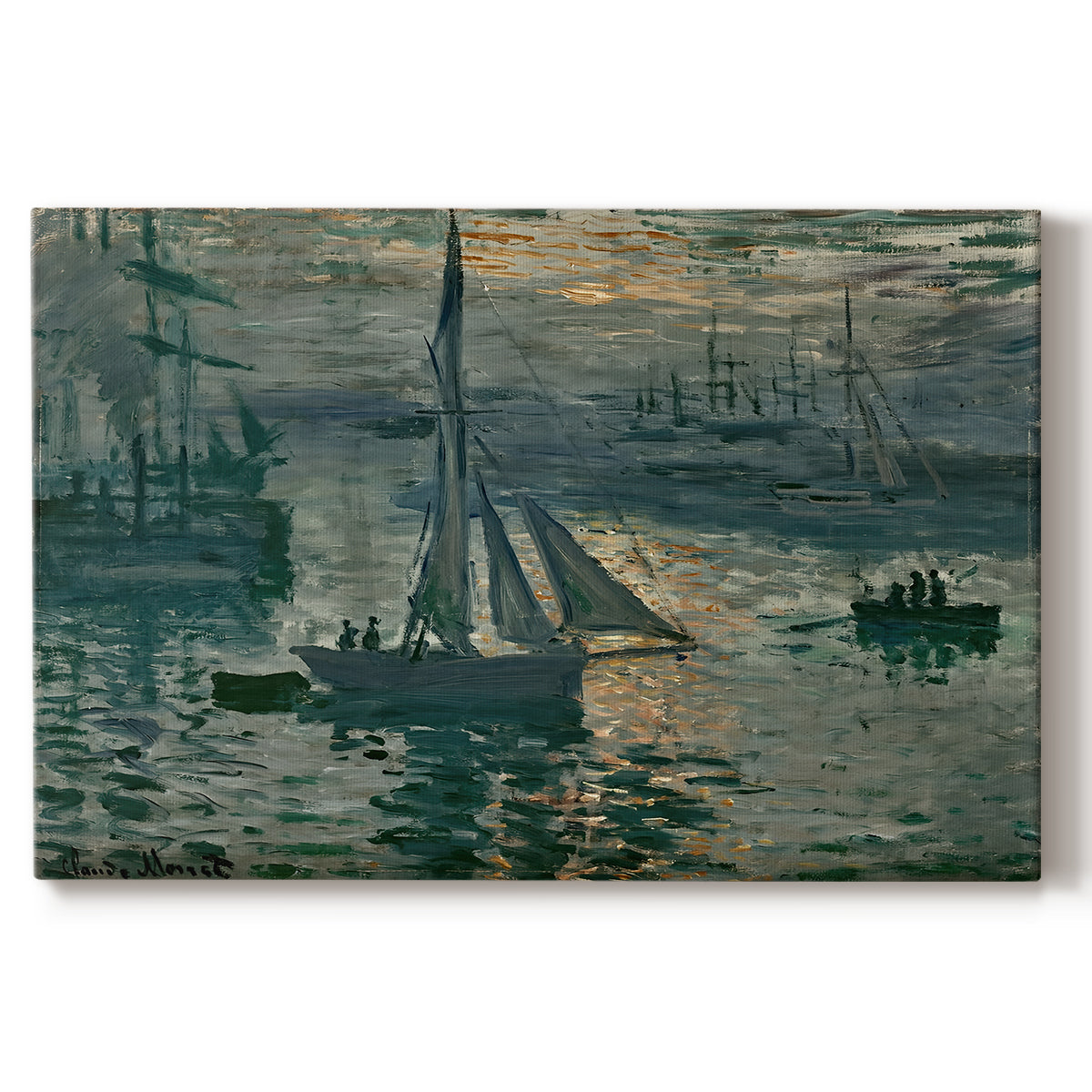 Canvas art print portraying a hazy sunrise over harbor with boats silhouetted in soft morning light, set against a white background