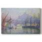 Canvas art print portraying a busy harbor filled with boats and waterfront, set against a white background