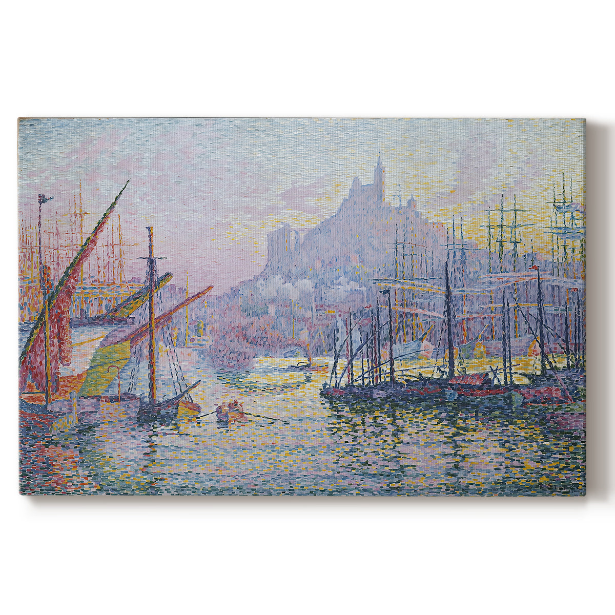 Canvas art print portraying a busy harbor filled with boats and waterfront, set against a white background