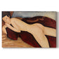 Canvas art print portraying a nude woman reclining on her stomach viewed from behind with elongated back, set against a white background