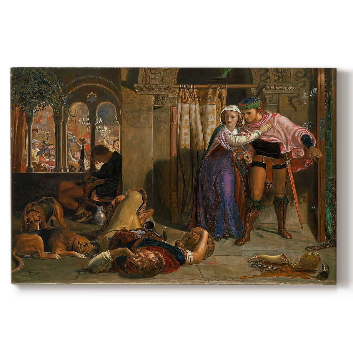 Canvas art print portraying a couple moving through dim interior space with draped fabrics and candlelight, set against a white background