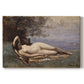 Canvas art print portraying a reclining female figure near shoreline with calm water behind, set against a white background