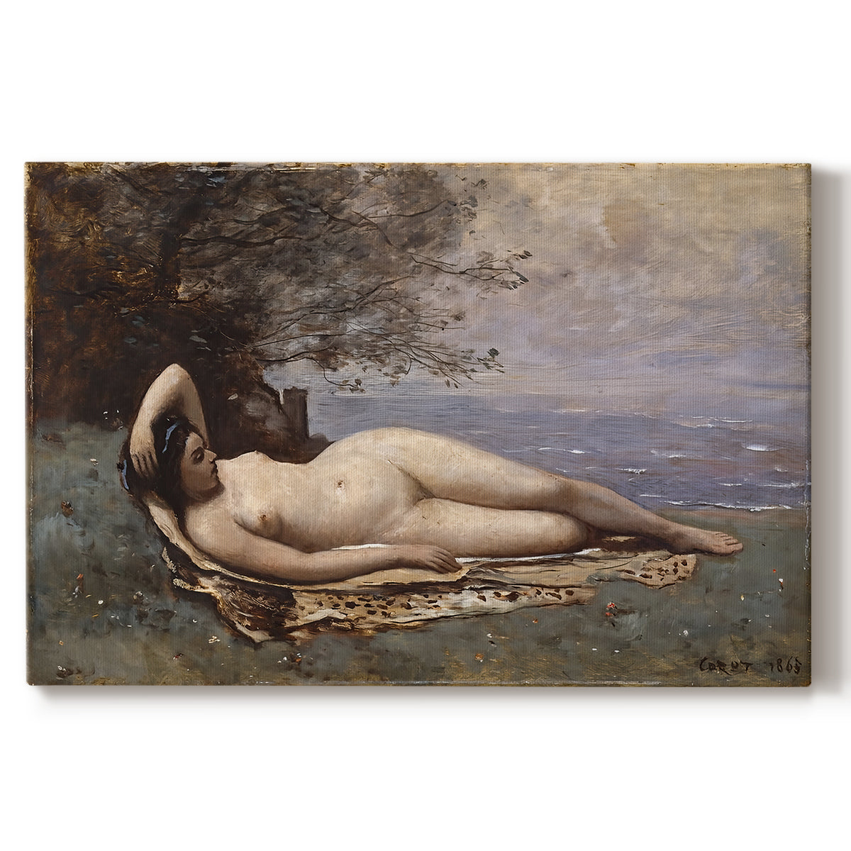 Canvas art print portraying a reclining female figure near shoreline with calm water behind, set against a white background