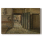 Canvas art print portraying two figures standing in sparse interior engaged in quiet exchange, set against a white background