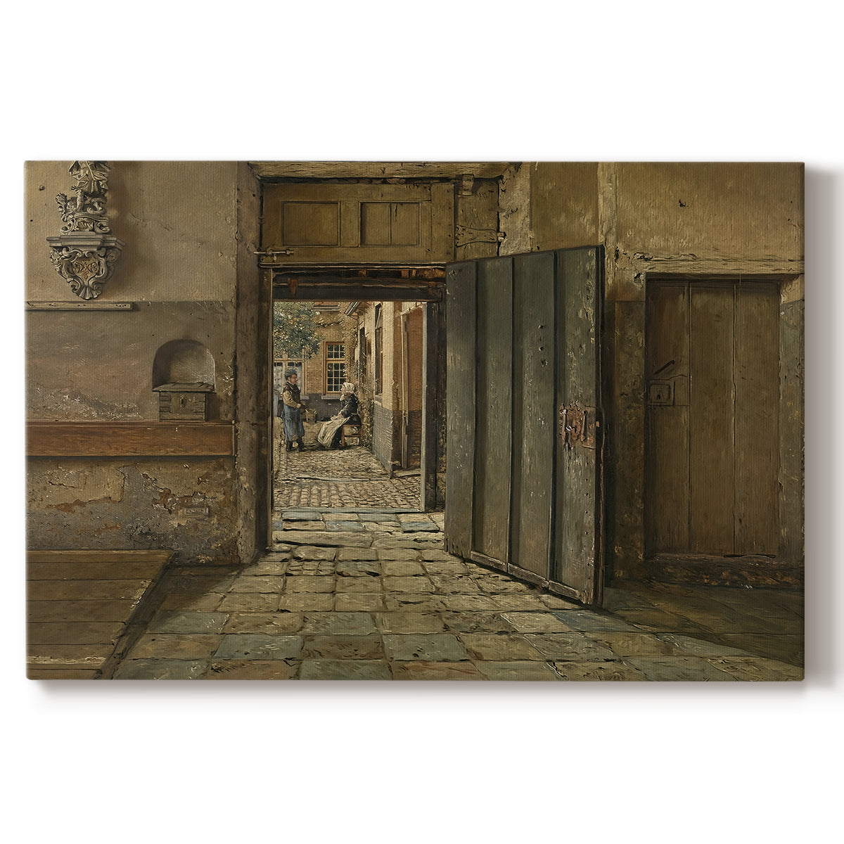 Canvas art print portraying two figures standing in sparse interior engaged in quiet exchange, set against a white background