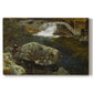 Canvas art print portraying a small pond beside mill surrounded by trees and greenery, set against a white background