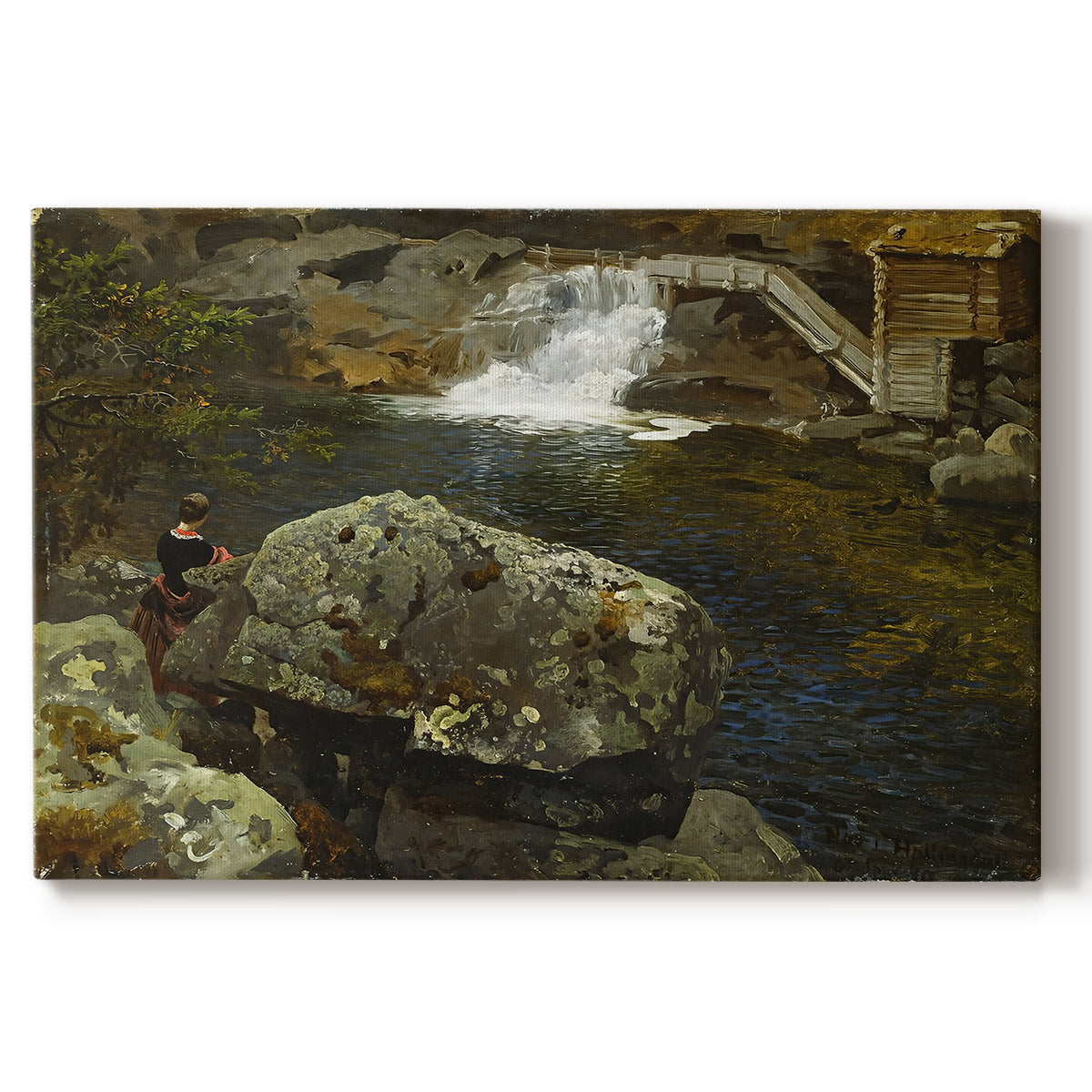 Canvas art print portraying a small pond beside mill surrounded by trees and greenery, set against a white background