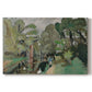 Canvas art print portraying a small figure in a green landscape near trees and buildings, set against a white background