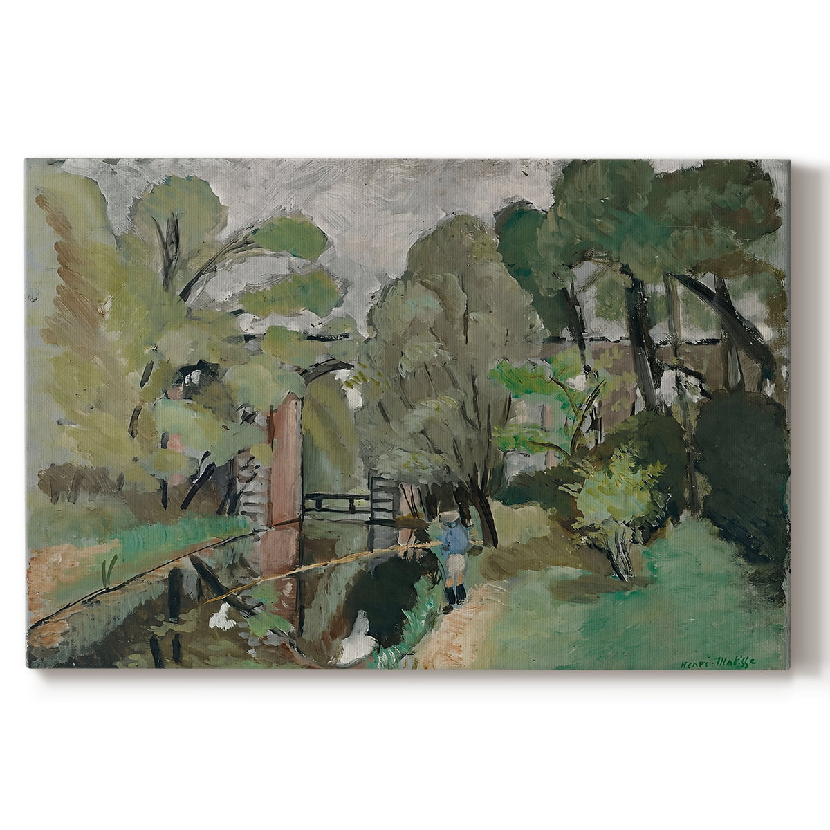 Canvas art print portraying a small figure in a green landscape near trees and buildings, set against a white background