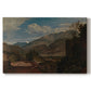 Canvas art print portraying a mountain landscape with town and river under dramatic sky, set against a white background