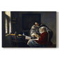 Canvas art print portraying a young woman seated at table interrupted while playing music, set against a white background