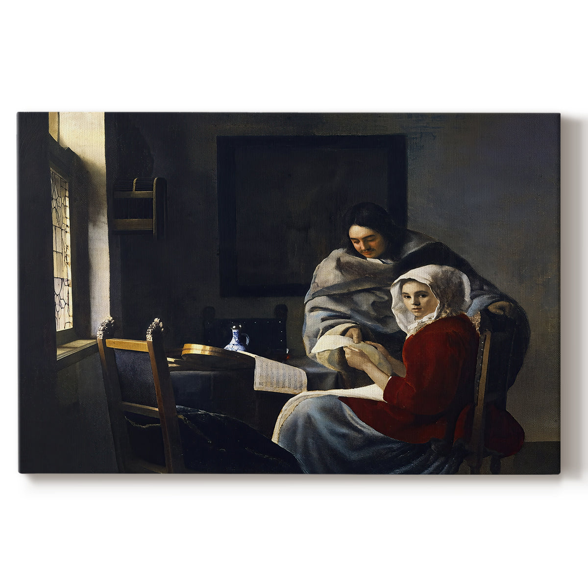 Canvas art print portraying a young woman seated at table interrupted while playing music, set against a white background