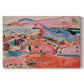 Canvas art print portraying a colorful coastal townscape with buildings, water, and bright rooftops, set against a white background