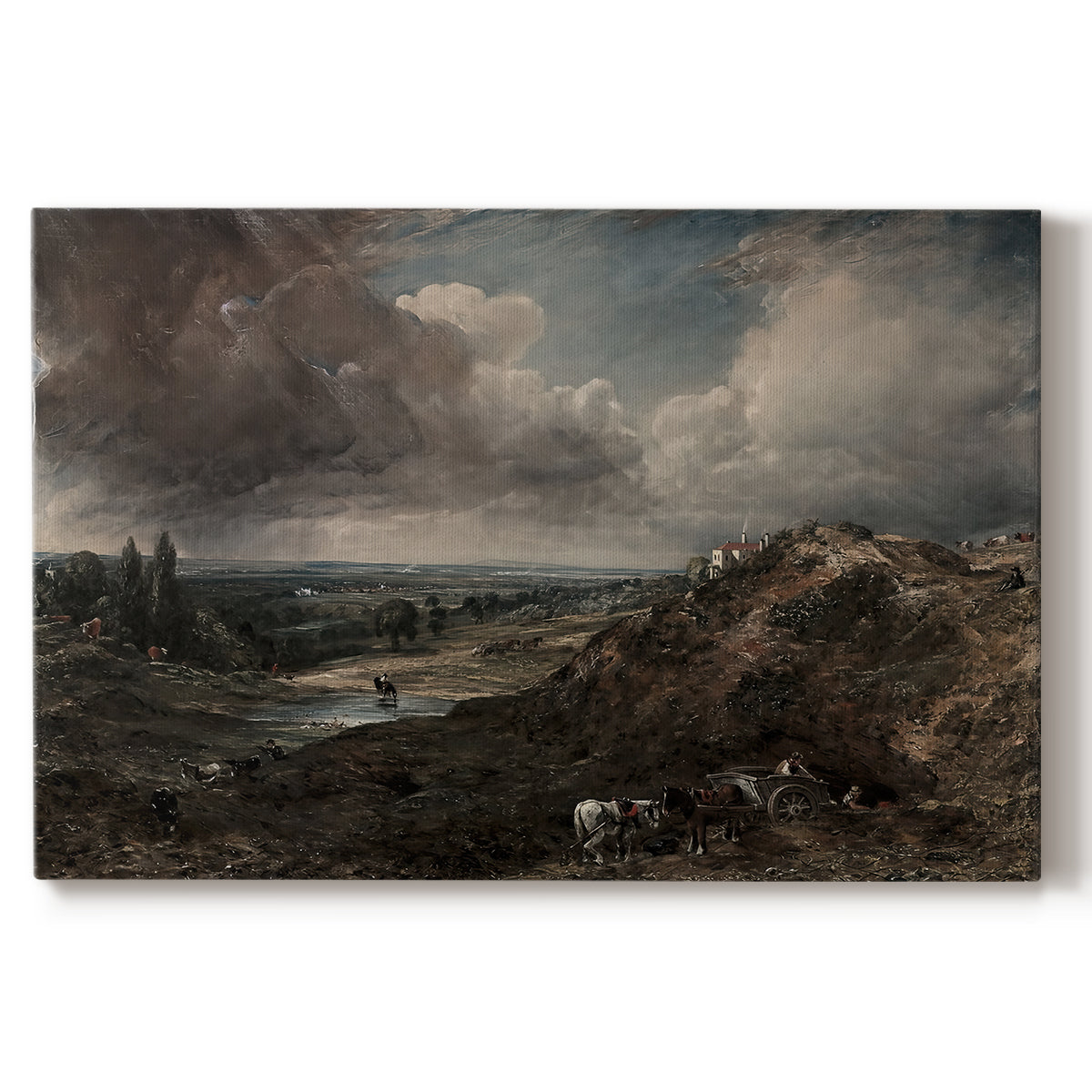 Canvas art print portraying a pond surrounded by trees under open sky, set against a white background