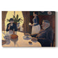 Canvas art print portraying figures seated around table in pointillist interior, set against a white background