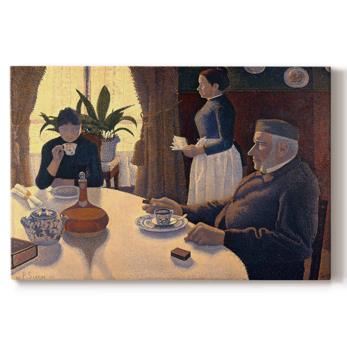 Canvas art print portraying figures seated around table in pointillist interior, set against a white background