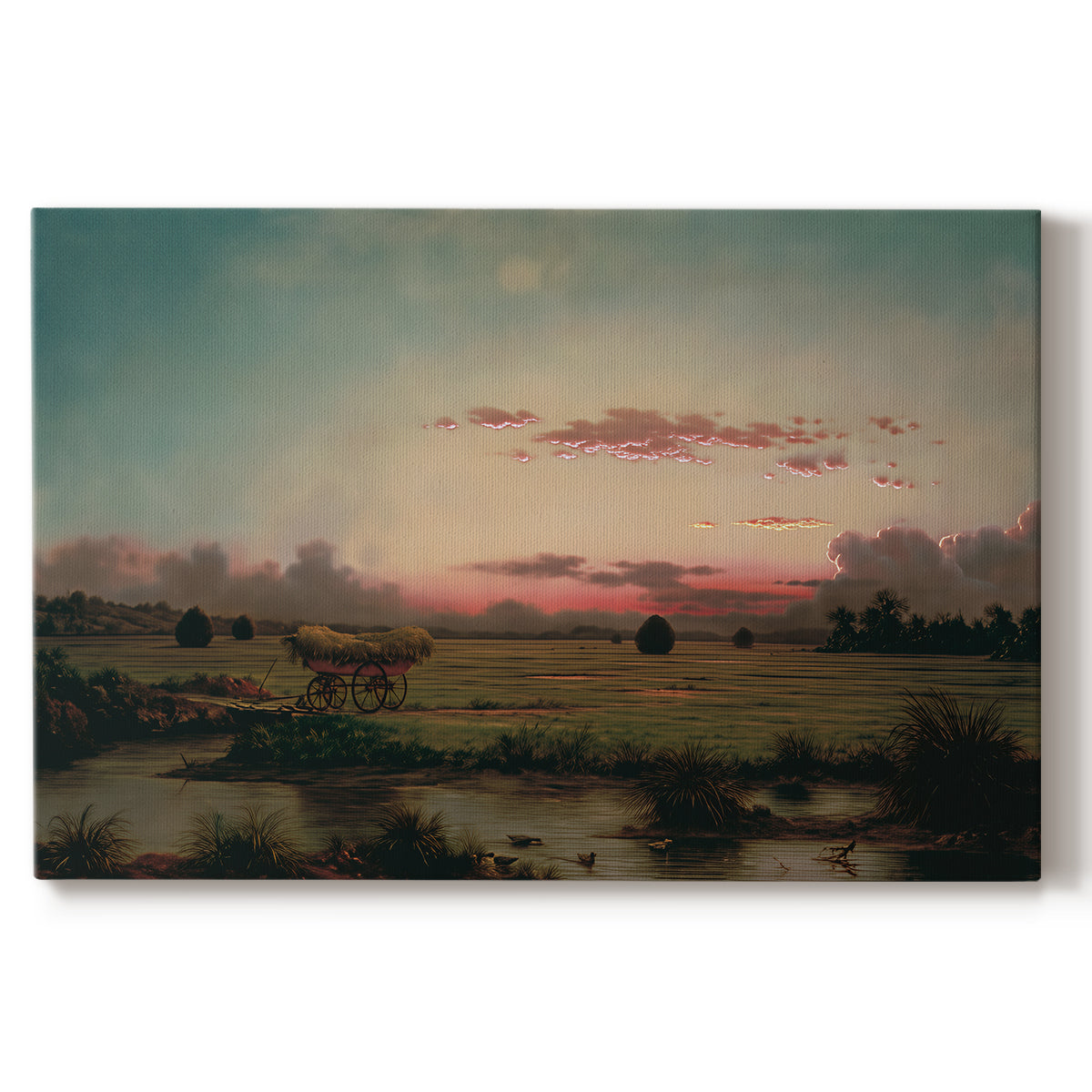 Canvas art print portraying an expansive marshland with water channels and horizon, set against a white background