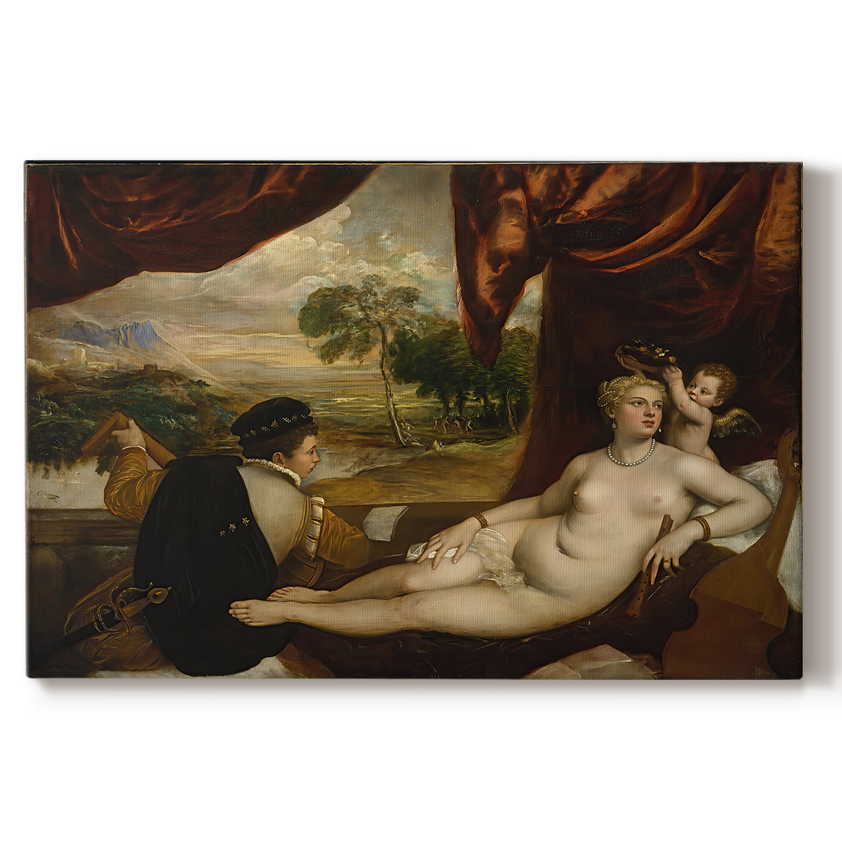 Canvas art print portraying a reclining nude woman with lute player in romantic pastoral setting, set against a white background