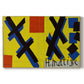 Canvas art print portraying an abstract graphic design with bold shapes and color blocks arranged symmetrically, set against a white background