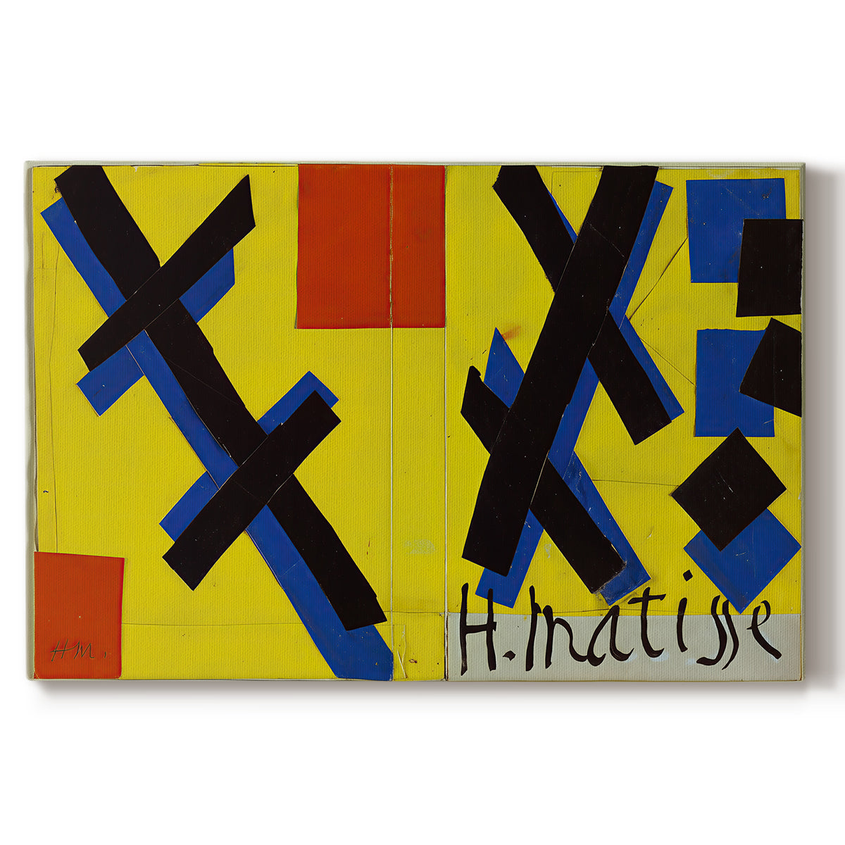 Canvas art print portraying an abstract graphic design with bold shapes and color blocks arranged symmetrically, set against a white background