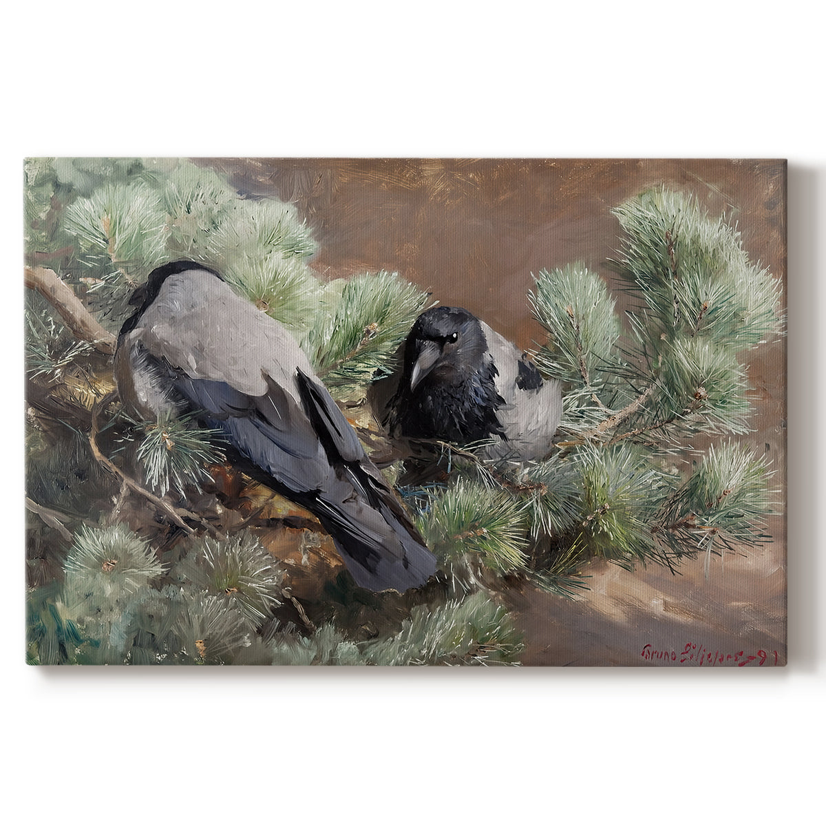 Canvas art print portraying two crows perched on ground among grass and earth tones, set against a white background