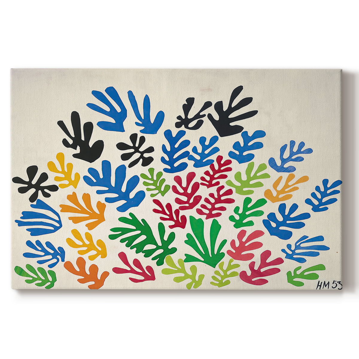 Canvas art print portraying an abstract arrangement of colorful leaf-like cut-outs, set against a white background