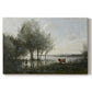 Canvas art print portraying a marshy landscape with water, trees, and soft atmospheric light, set against a white background