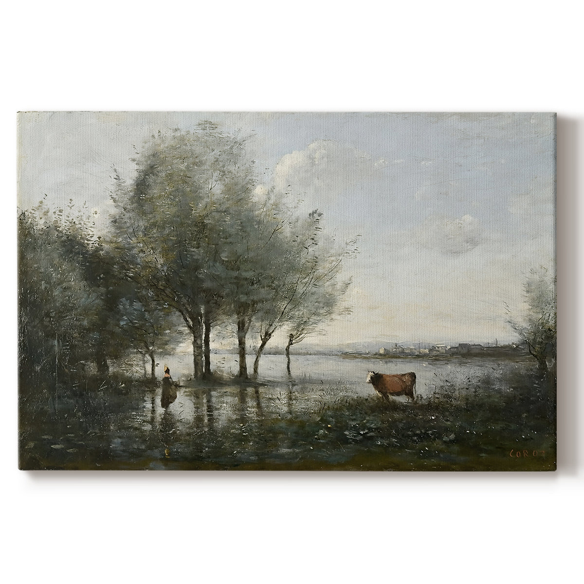 Canvas art print portraying a marshy landscape with water, trees, and soft atmospheric light, set against a white background