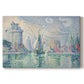 Canvas art print portraying a coastal cityscape with towers along waterfront, set against a white background