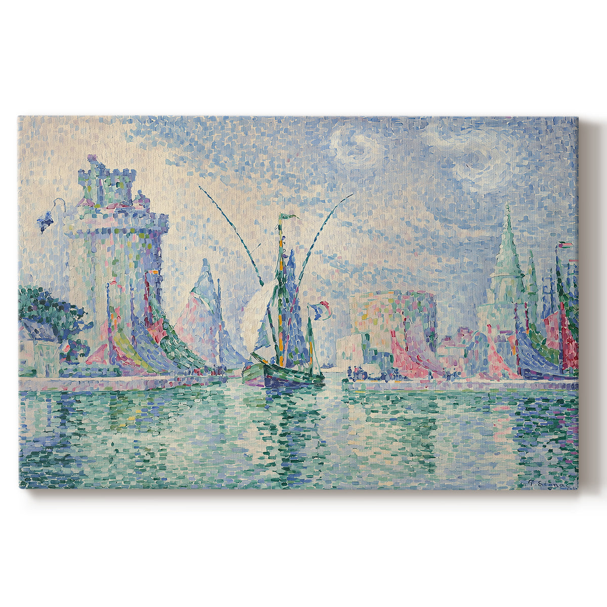 Canvas art print portraying a coastal cityscape with towers along waterfront, set against a white background