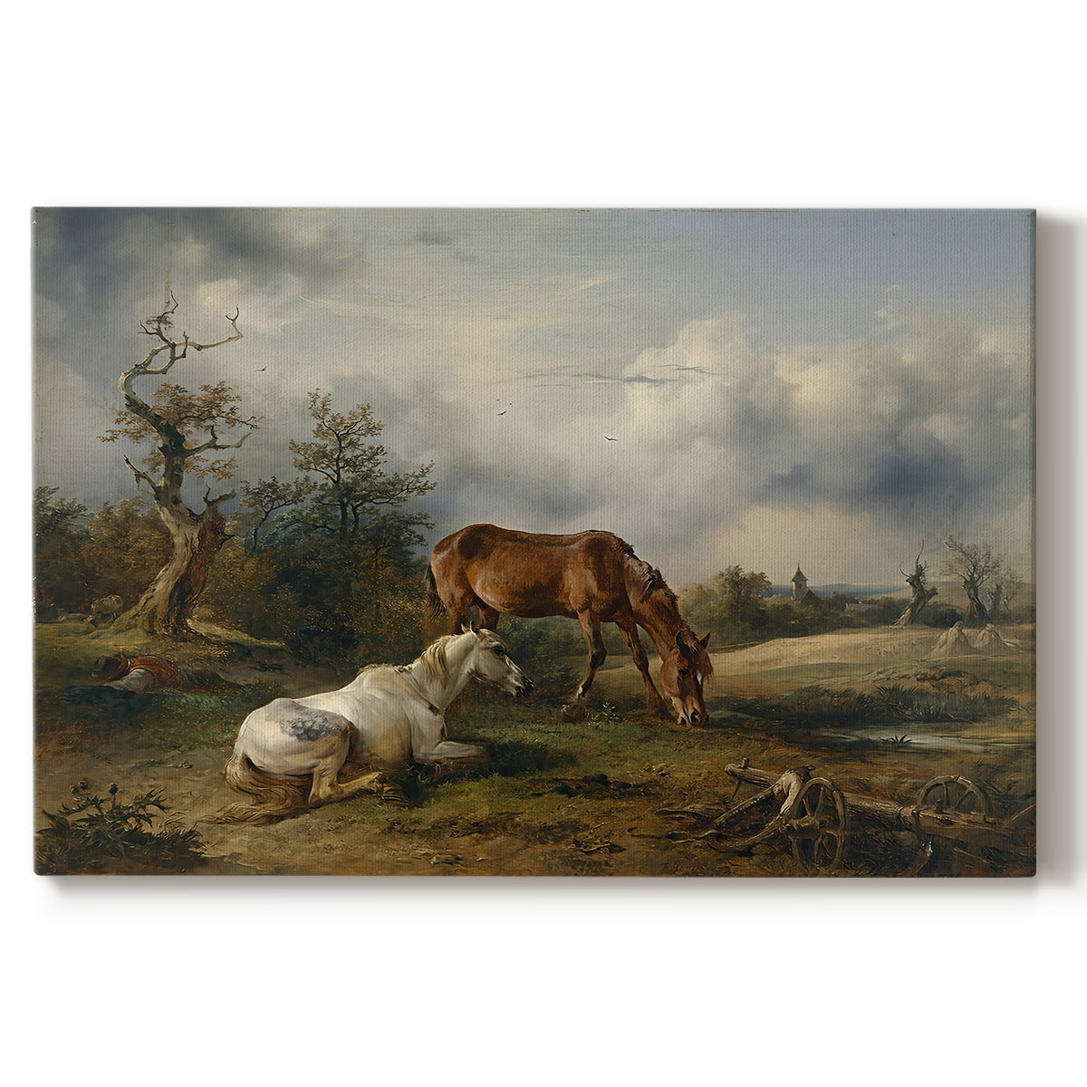 Canvas art print portraying two horses grazing in open pasture, set against a white background