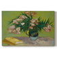 Canvas art print portraying a still life with vase of oleanders placed beside stacked books, set against a white background