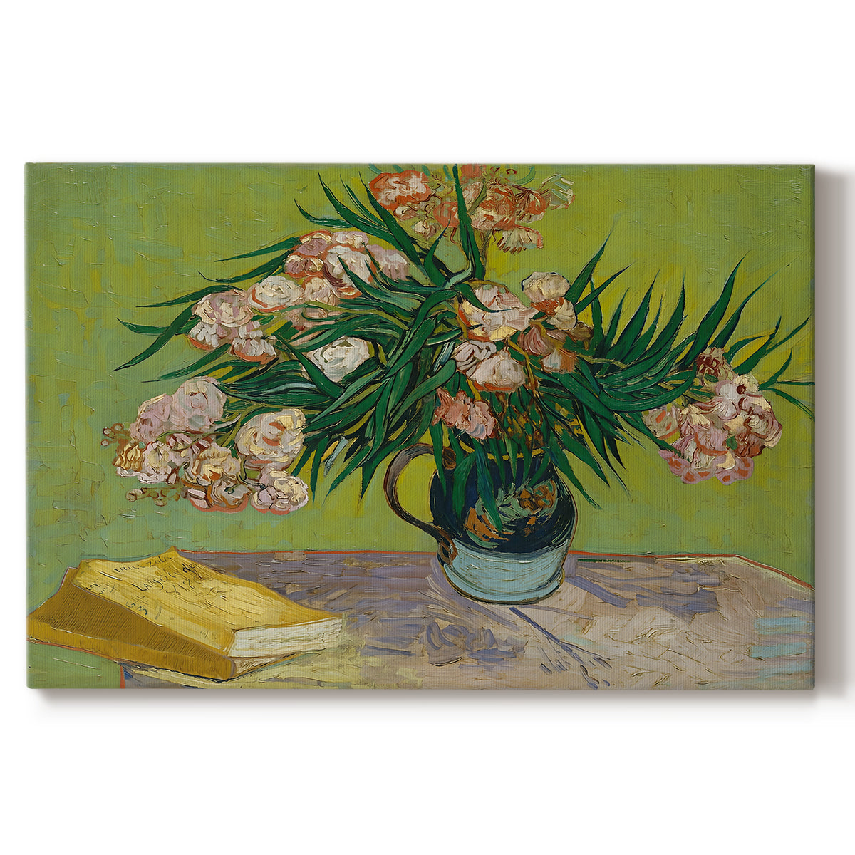 Canvas art print portraying a still life with vase of oleanders placed beside stacked books, set against a white background