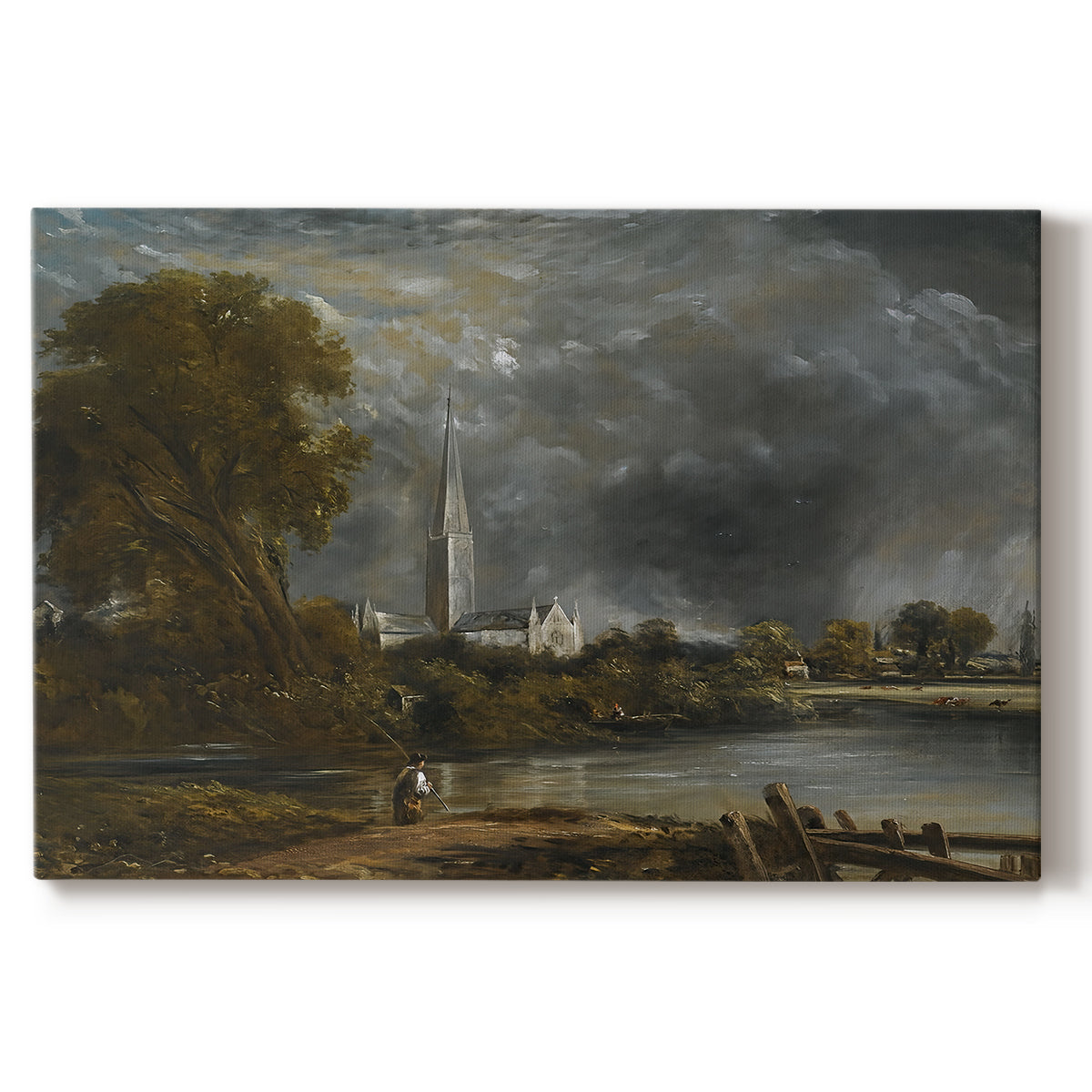 Canvas art print portraying a cathedral viewed across meadow with water, set against a white background