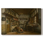 Canvas art print portraying a man working at table inside rustic interior filled with tools and objects, set against a white background