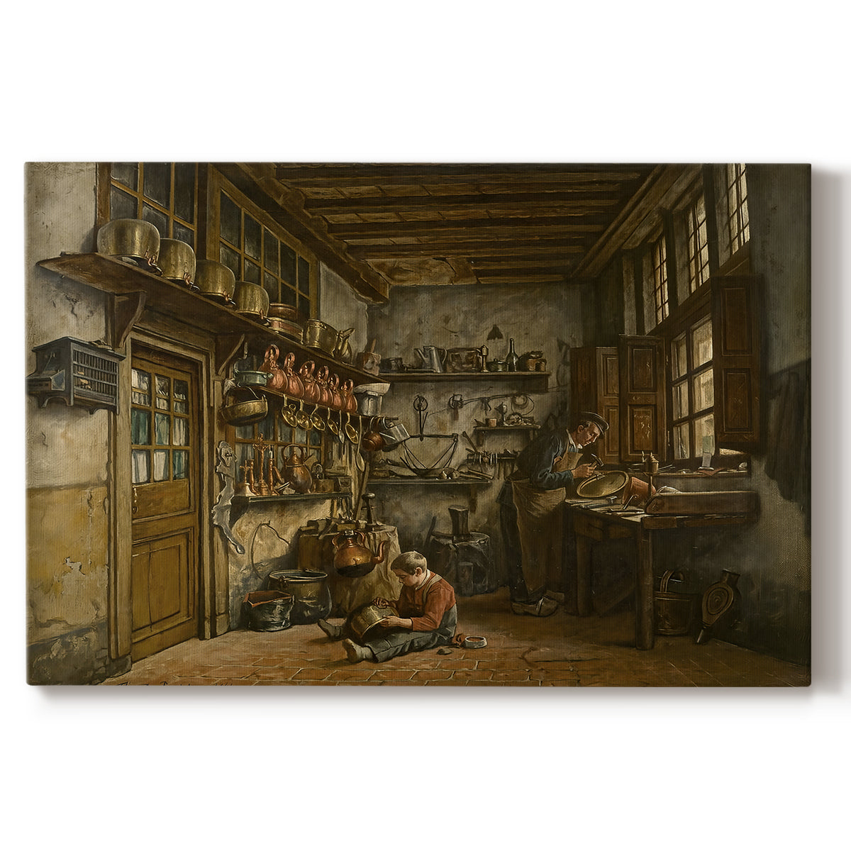 Canvas art print portraying a man working at table inside rustic interior filled with tools and objects, set against a white background