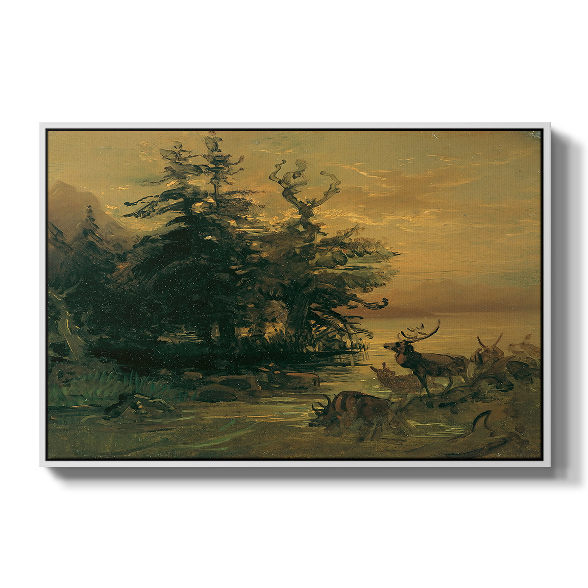 Wallowing Deer on the Shore of a Mountain Lake, c. 1850 - Floater Framed Canvas Print