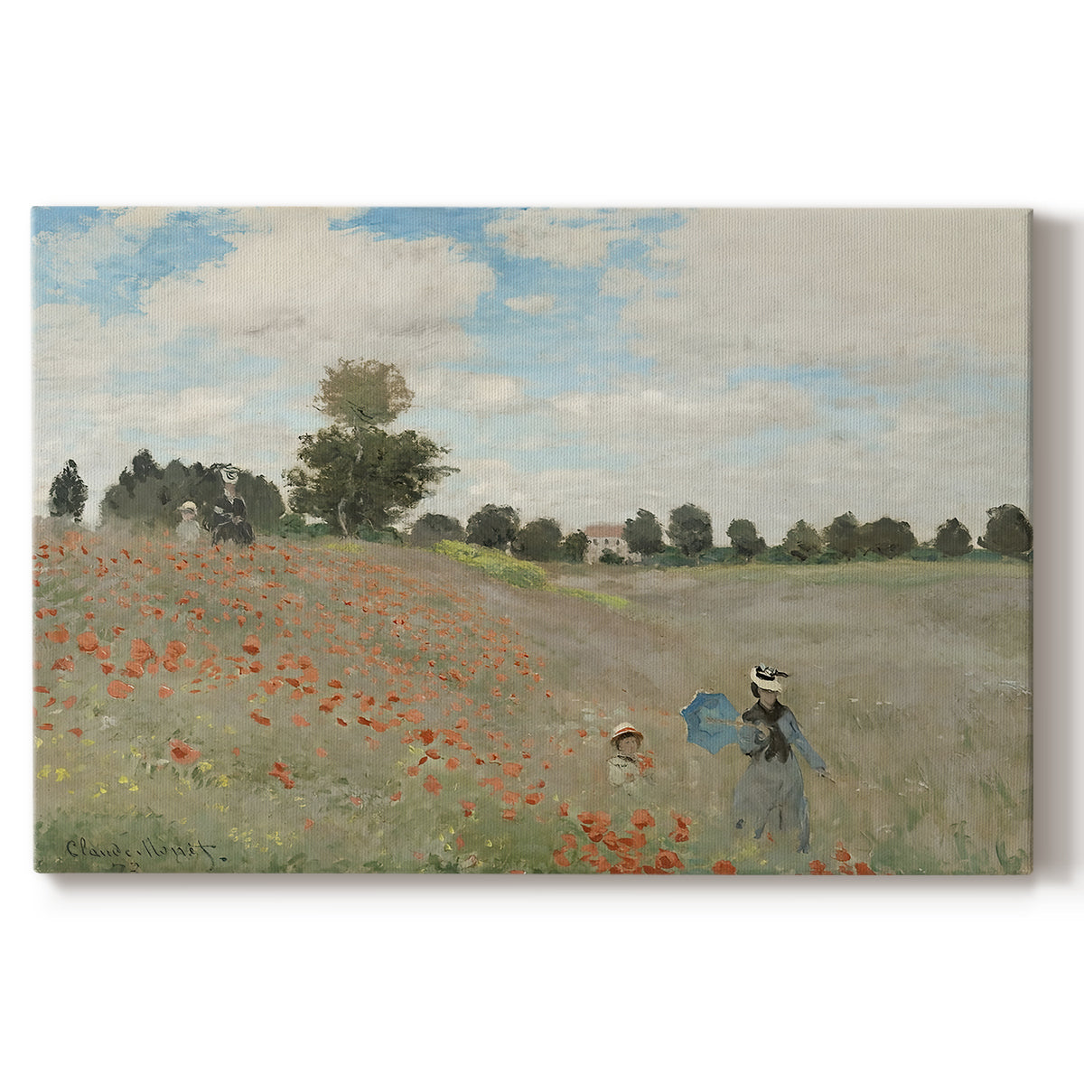 Canvas art print portraying a field of red poppies with figures walking across rolling landscape, set against a white background