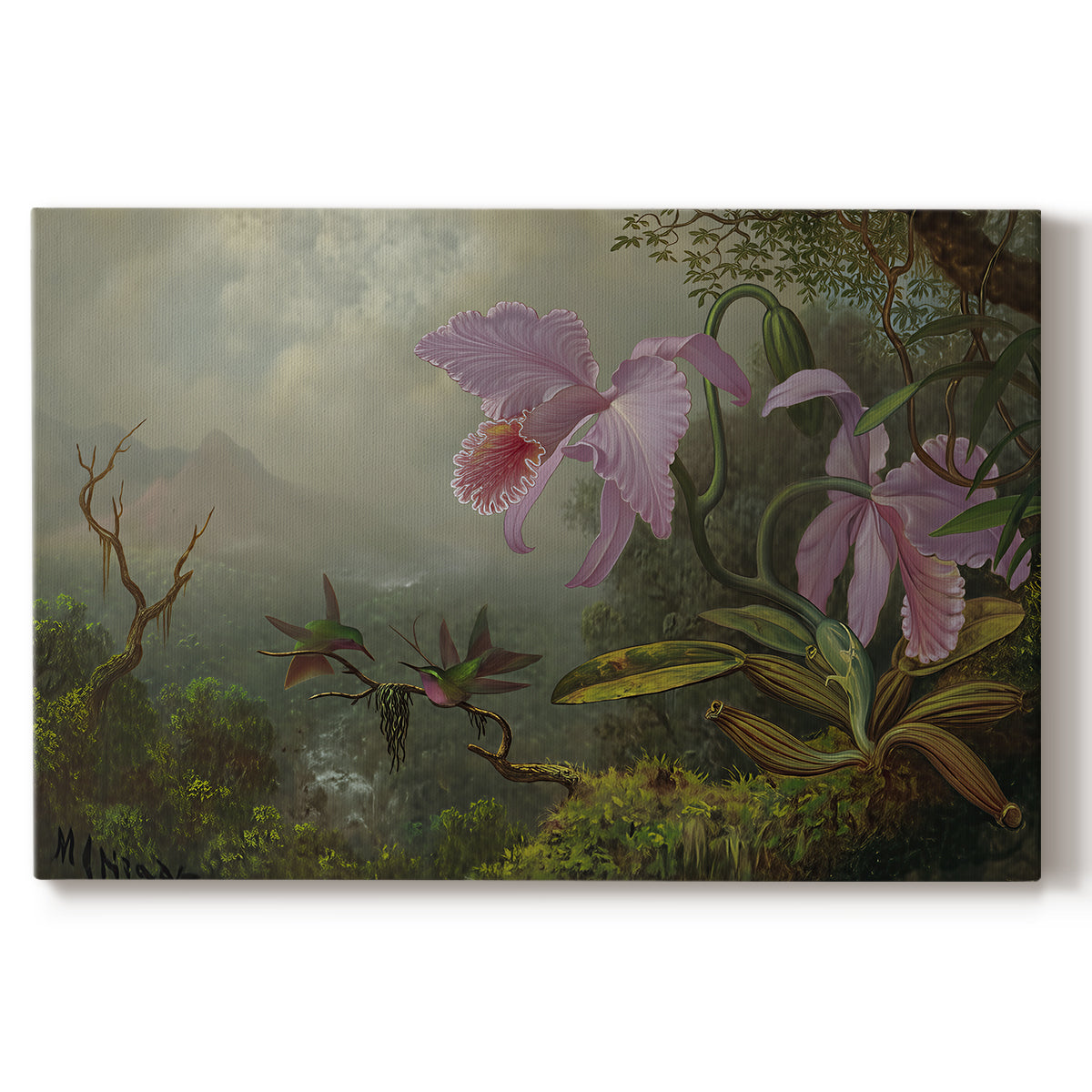 Canvas art print portraying two hummingbirds perched on branch with foliage, set against a white background