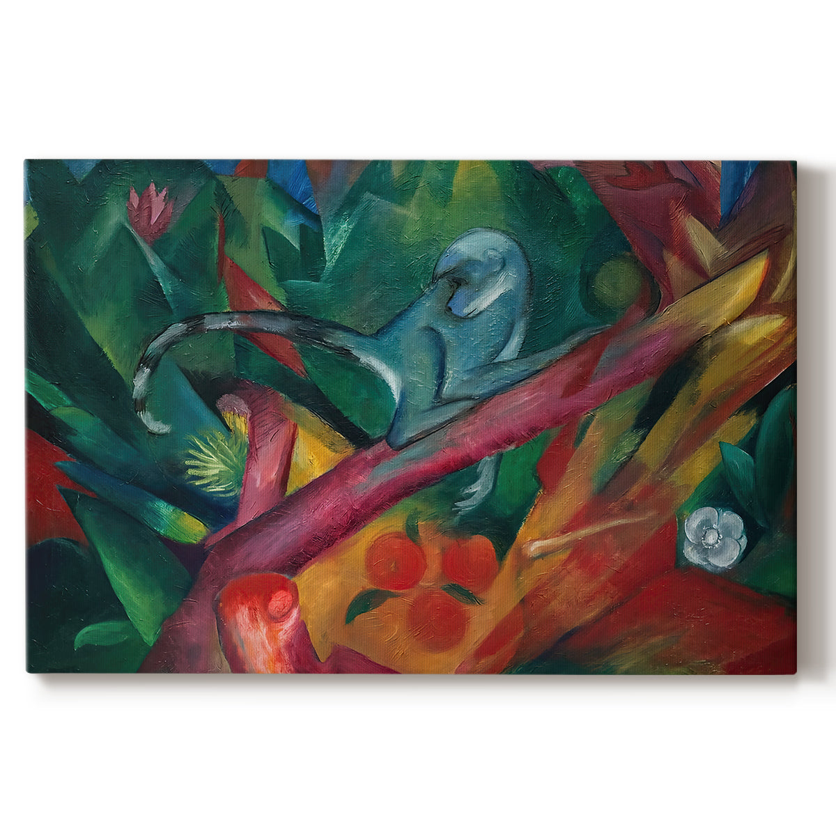 Canvas art print portraying a stylized monkey rendered in bold colors and abstract shapes, set against a white background