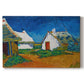 Canvas art print portraying white cottages grouped together with bold colors and surrounding landscape, set against a white background