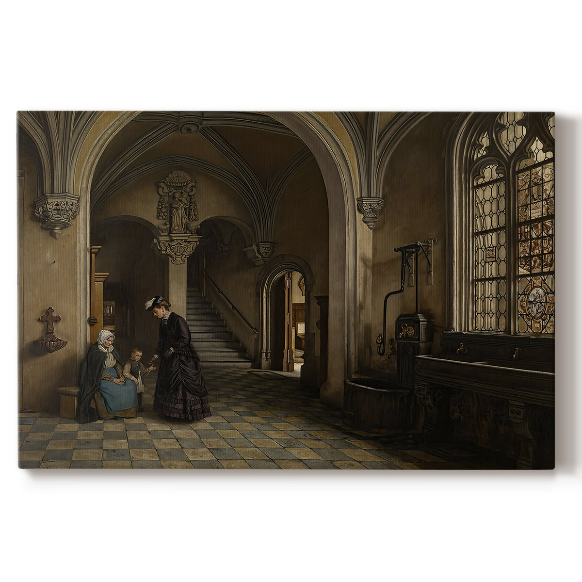 Canvas art print portraying a large church interior with arches, columns, and figures beneath vaulted ceiling, set against a white background